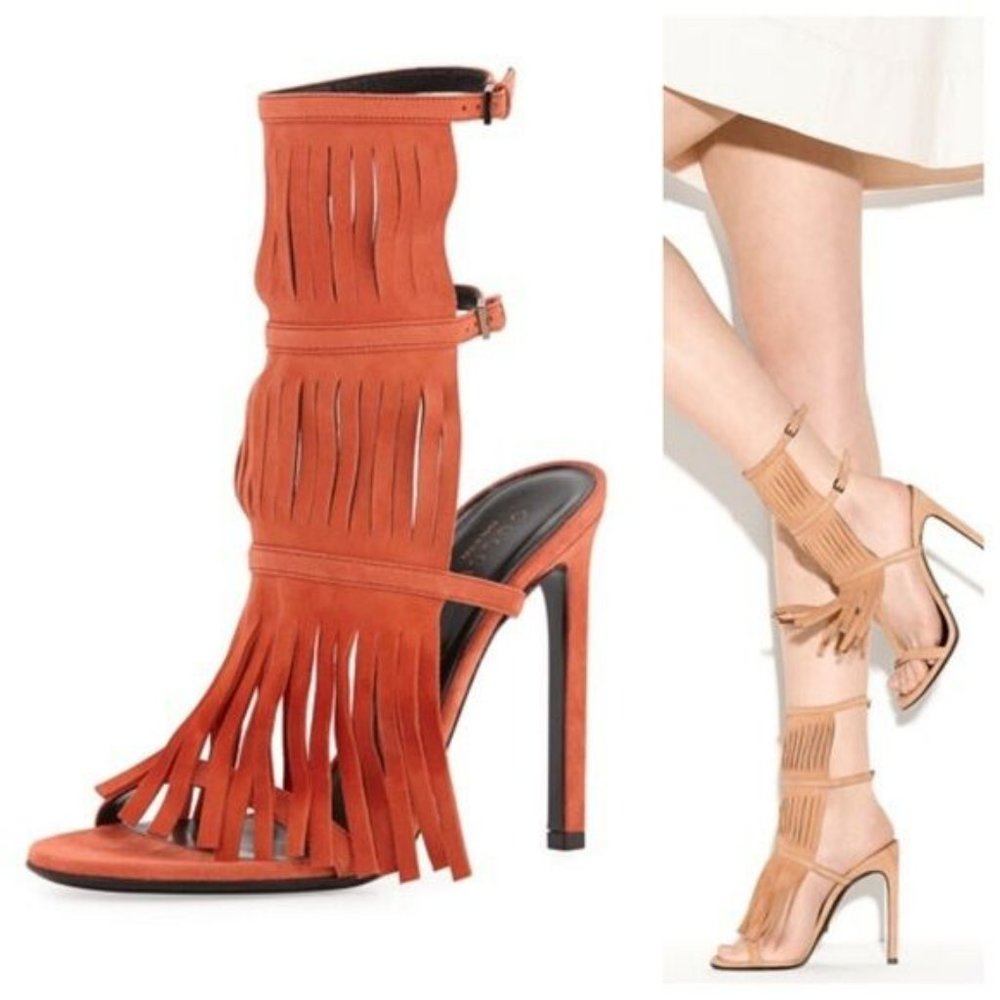 NIB GUCCI DARK ORANGE SUEDE FRINGE BECKY GLADIATOR HEEL TALL SANDALS